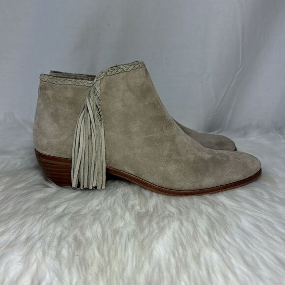 Sam Edelman Paige Taupe Suede Fringe Detail Booties Sz 6.5 - Picture 5 of 8